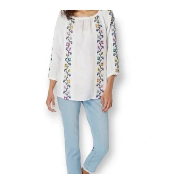 J Jill linen embroidered flowy whimsical white floral blouse size L luxury chic - Picture 3 of 9